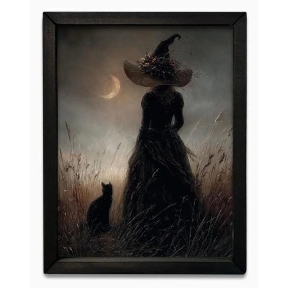 Moonlit Watchers‎ Witch & Cat Box Frame Halloween Picture 12x16 Wall Decor NEW